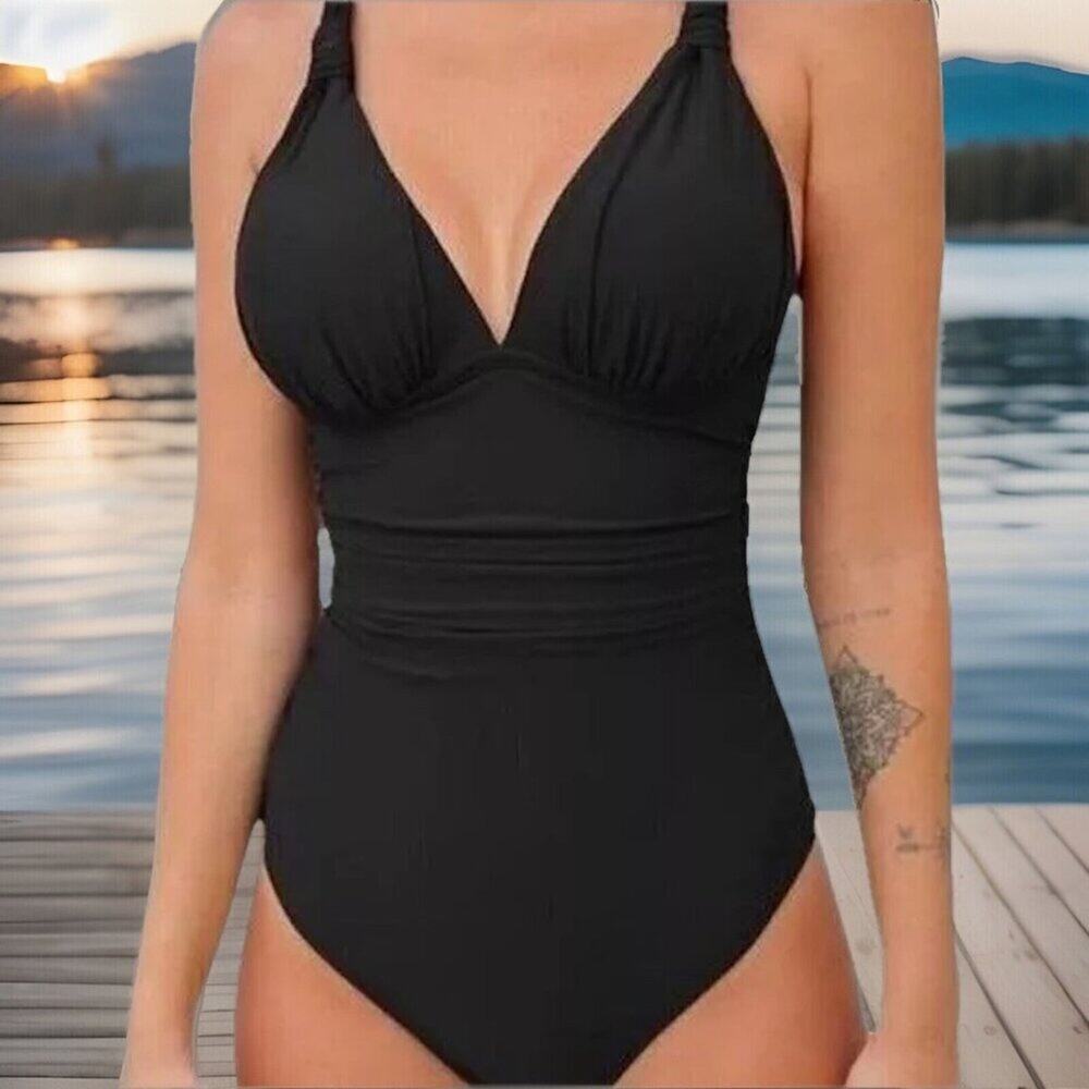 Women Medium 1 Piece Swimsuit Black V Neck Ruched Cross Back Cheeky Bathing